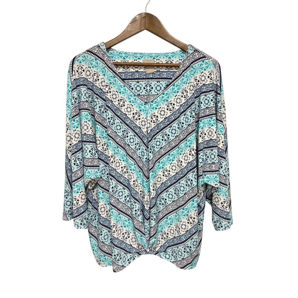 Chico’s Size 3 XL Blue Aqua Tile Print Surplice Faux Wrap Top 3/4 Sleeve